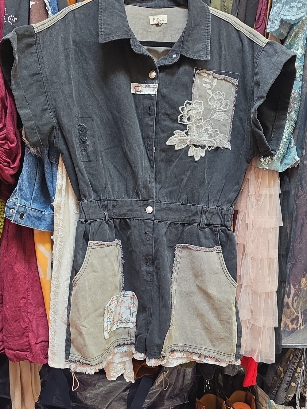POL Washed Black Denim Romper with Patch Pockets